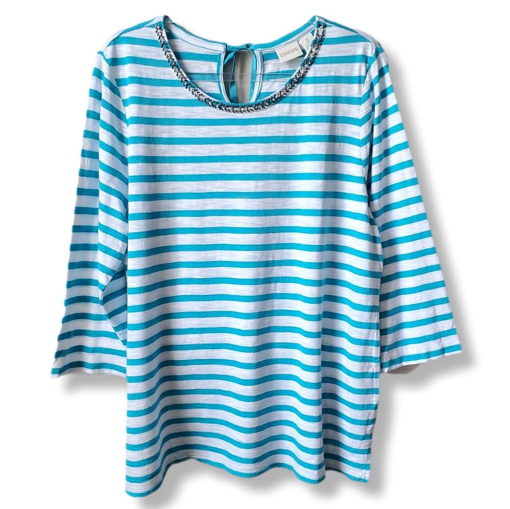 Chicos Aqua White Stripe Crystal Embellished Shirt Top XL 3 Nautical Coastal NEW
